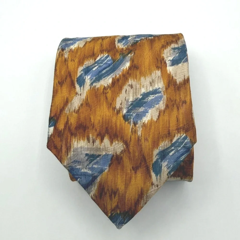 Ferrell Reed Silk Necktie Mens OS Gold Blue Abstract Ikat Italy USA